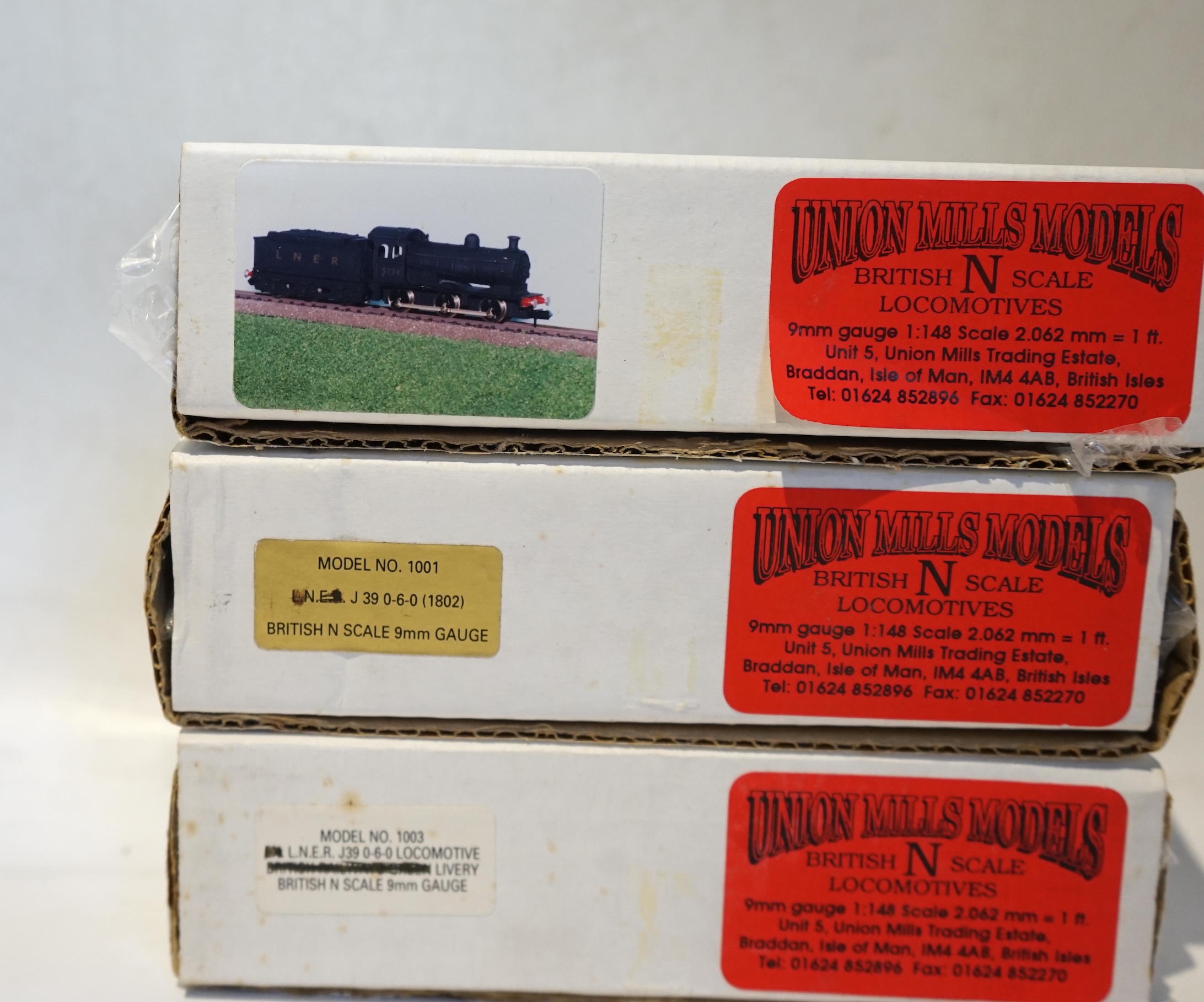 Three boxed Union Mills Models N gauge railway LNER locomotives; a Class J26, 5734, a Class J39, 3098, and a Class J39, 2785. Condition - good.